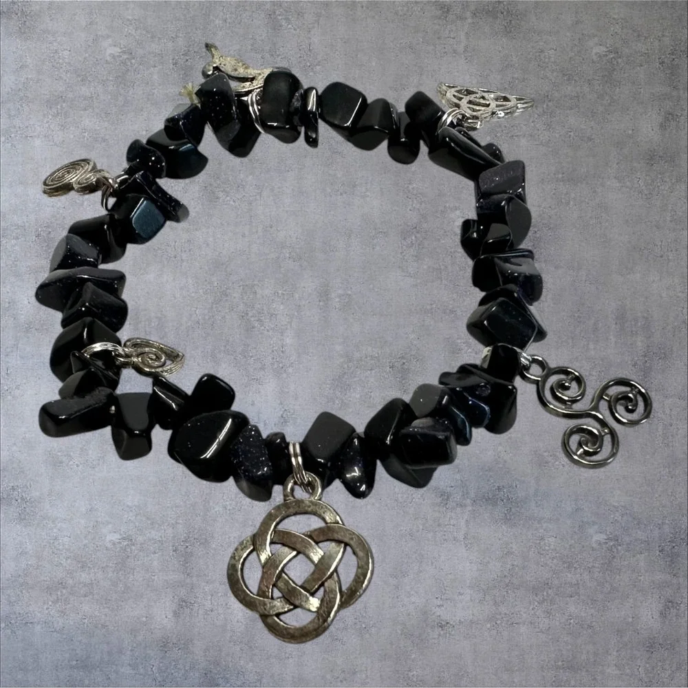 Celtic Knot Triskele Pentacle Charm Bracelet‎ Black Onyx Blue Goldstone